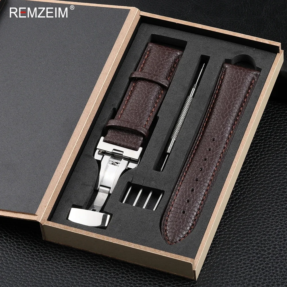 Litchi Pattern Design Leather Wrist Band 18mm 20mm 22mm Men Women Strap with Butterfly Buckle Gift Box Packaging Watchband image 2
