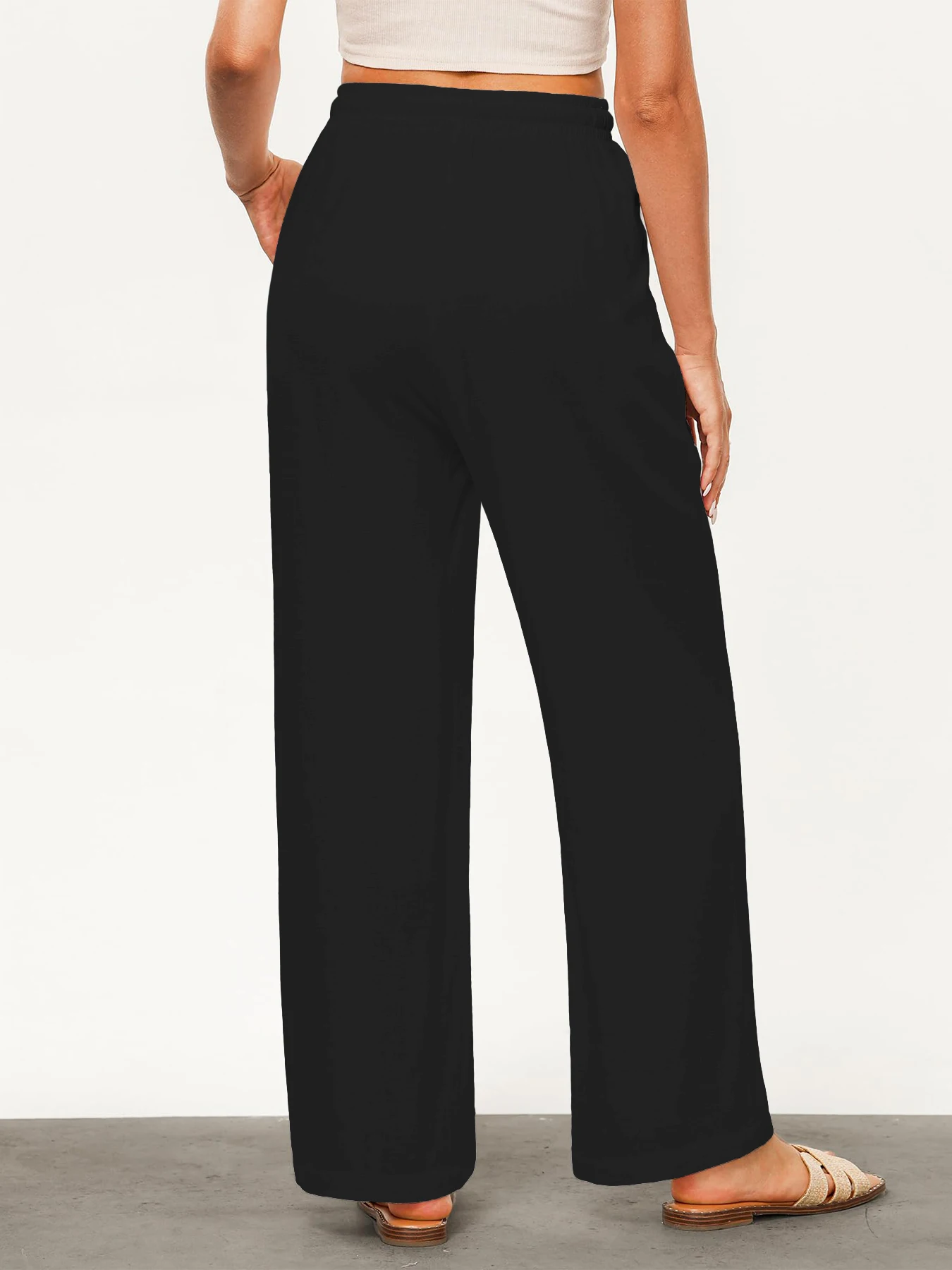 Einfarbige, lockere, weit geschnittene Hose für Damen, lässige, gerade Hose mit Kordelzug, lässige Hose mit Taschen, lockere Hose mit hoher Taille – Detail 3