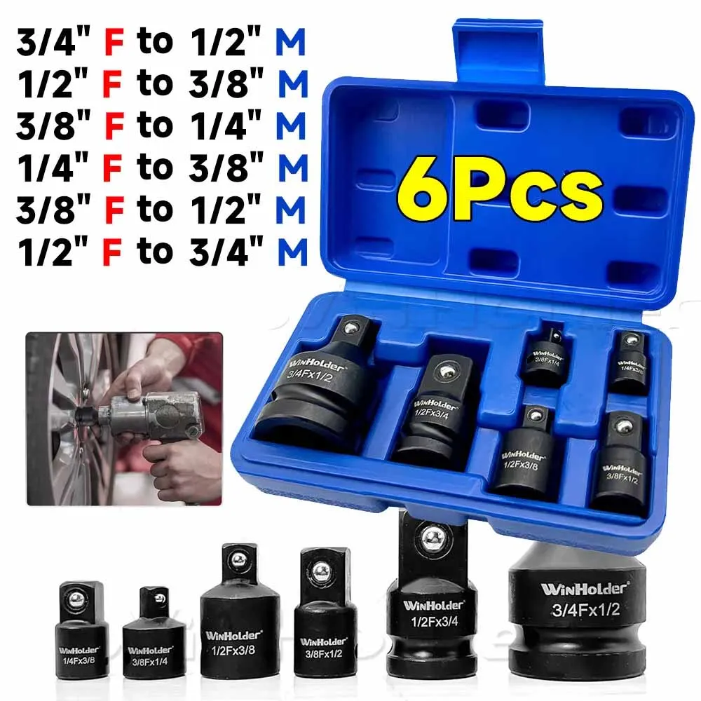 6Pcs Impact Socket Adapter And Reducer Set Female to Male 1/4 3/8 1/2 3/4 Inch Square Drive Wrench Conversion Kit with Case