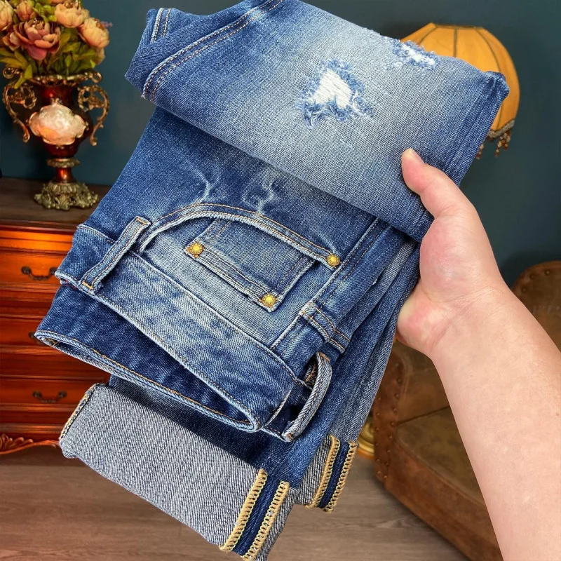 Men's 2026 New Vintage Blue Denim Pants, Washed, Ripped, Stretch, Slim, Versatile, Casual Daily Street Pants
