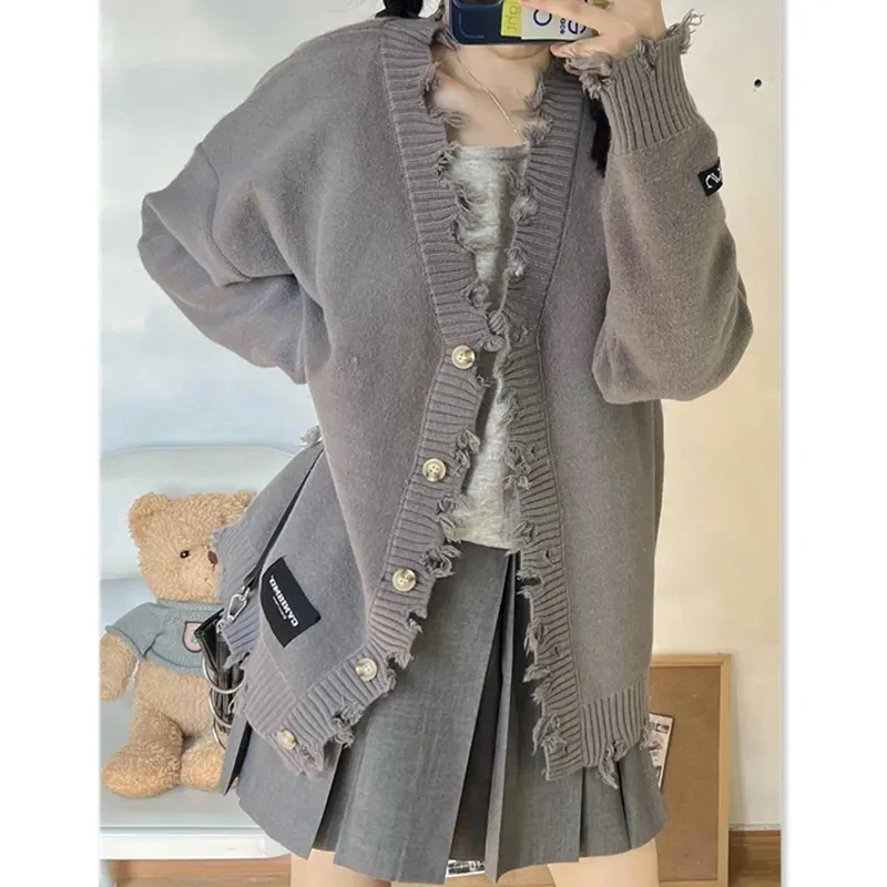 Deeptown Vintage maglione grigio Cardigan donna Distressed stile coreano maglione Oversize maglie Grunge Basic Top lavorato a maglia femminile