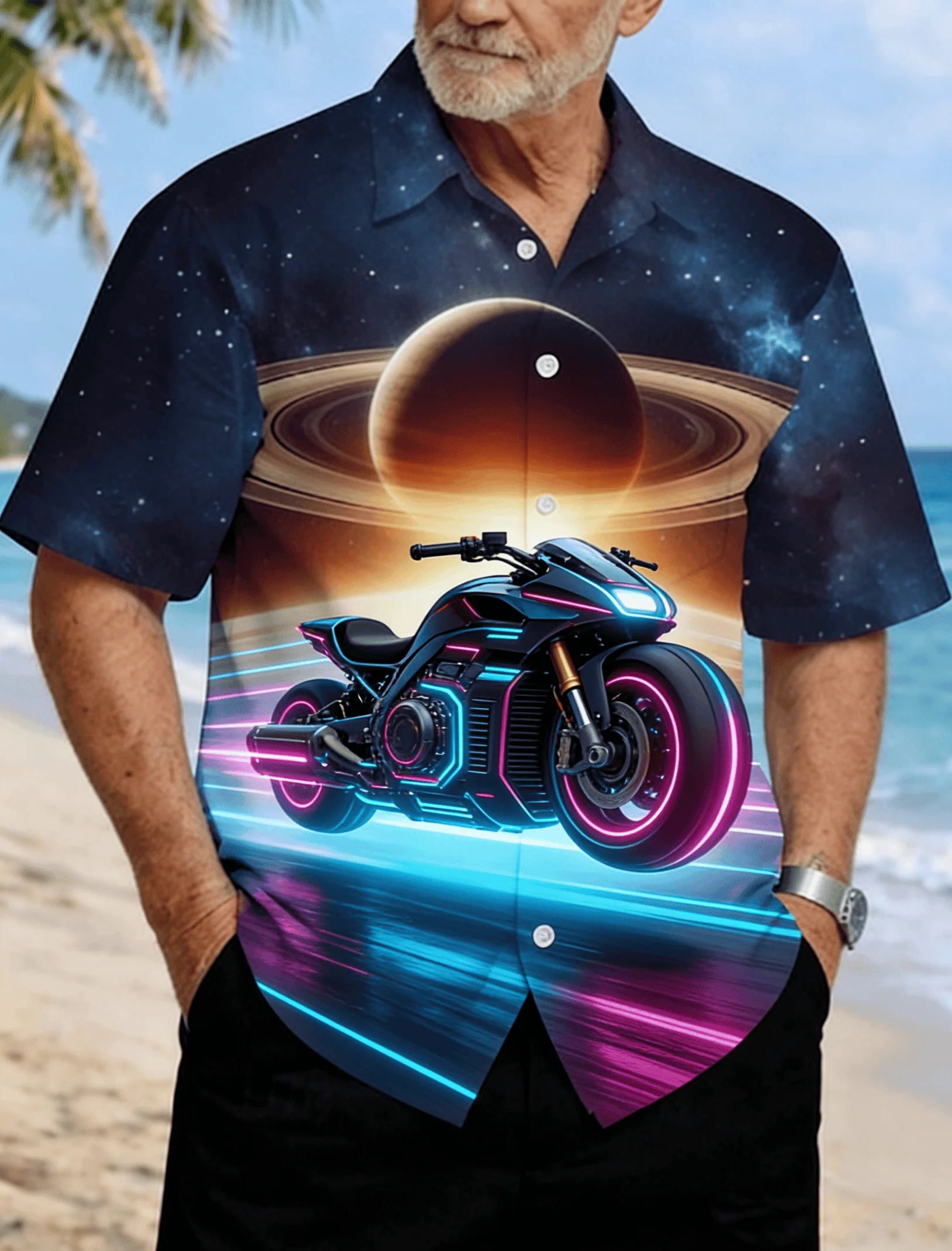 

Men's Starry Sky Vintage Print Short Sleeve Shirt, Spring Summer Sci-Fi Casual Vacation Blouse, Loose Casual Top