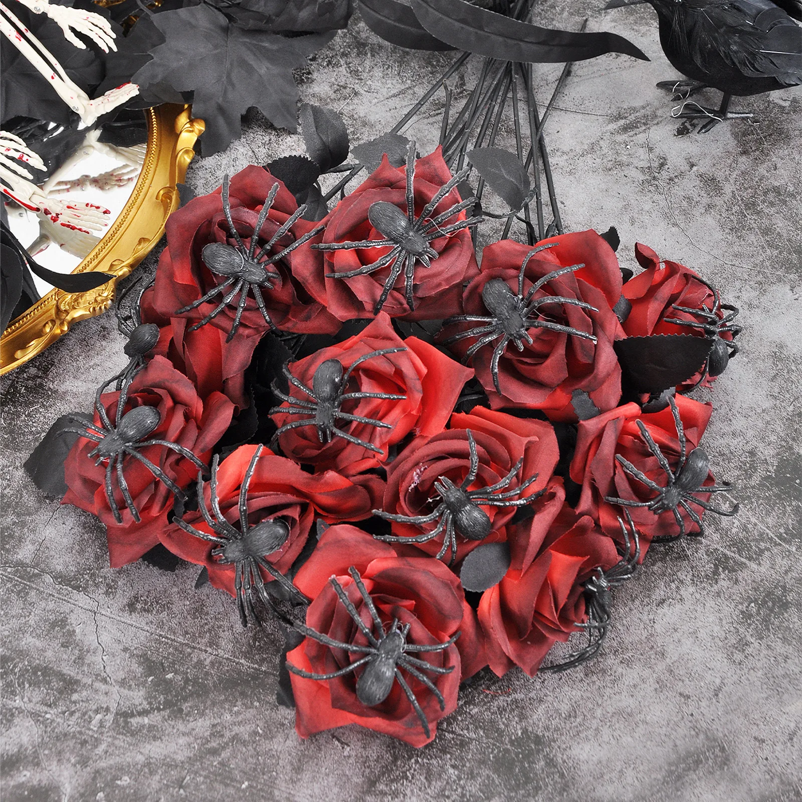 

4Pcs 38cm Halloween Artificial Rose Realistic Gothic Spider Rose Bouquet Simulation Handmade Fake Flower Halloween Party Props