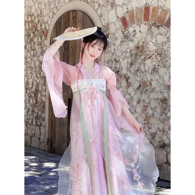 Pink Tang chest-length dress, summer daily national style improved Han element fairy gas ancient style dress