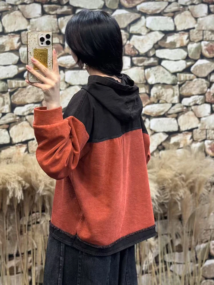 Amax LuluE ملابس الخريف الكلاسيكية النسائية خمر موضة فضفاضة مقنعين هوديس السيدات الفاخرة المرقعة بلوزات القطن عادية