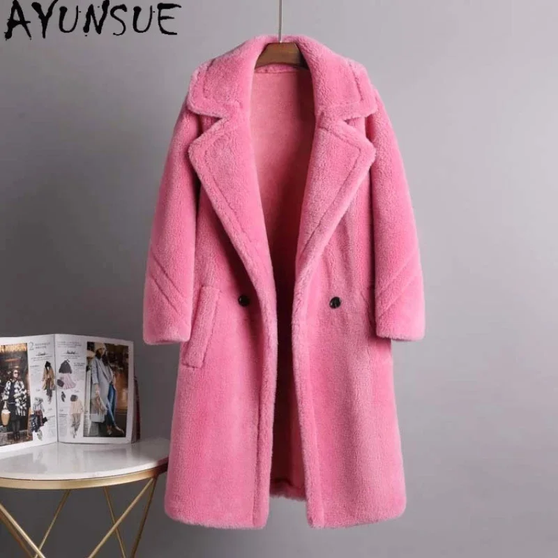 

High-street AYUNSUE 100% Wool Jackets for Women 2024 Winter Long Fur Coat Fashion Granular Jaqueta Feminina Inverno