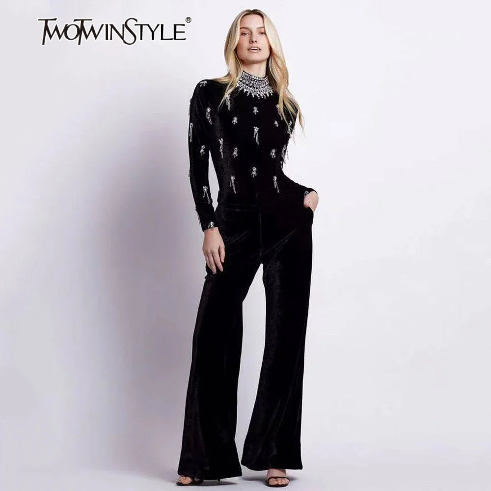 TWOTWINSTYLE, monos de moda para mujer, cuello redondo, manga larga, cintura alta, ropa ajustada, mono empalmado con diamantes para mujer, nuevo