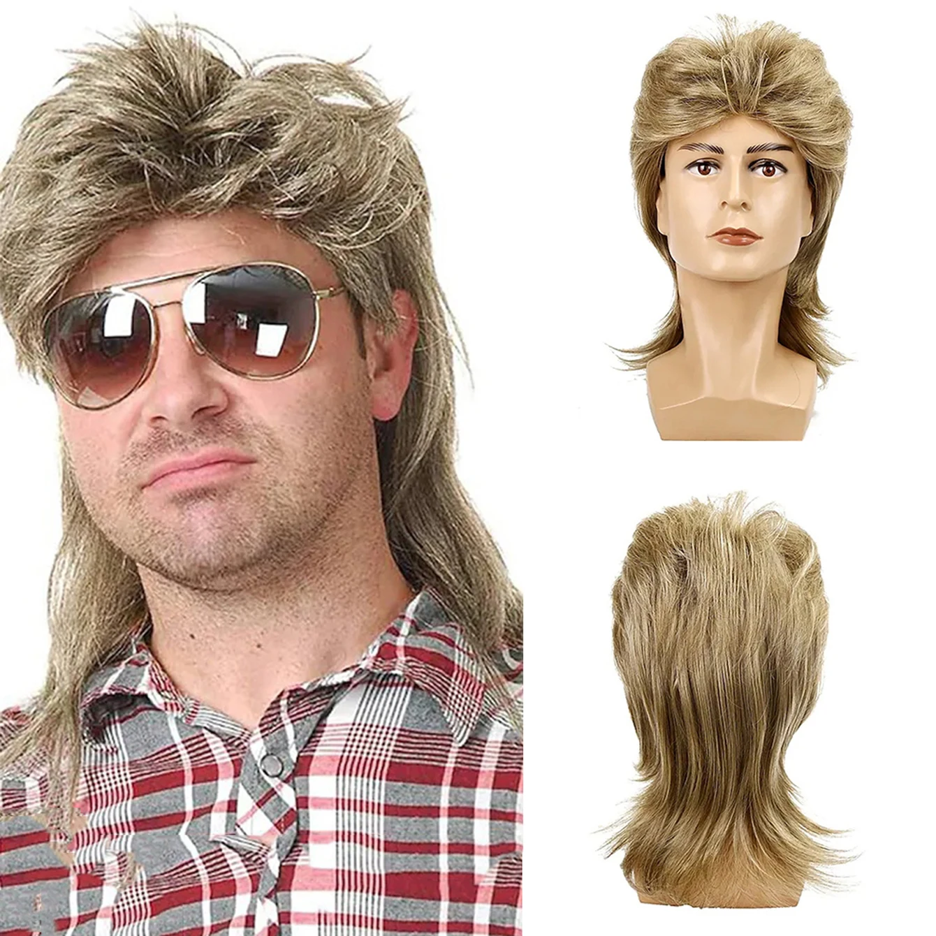 

Synthetic Mullet Brown Wig for Men 70s 80s Costume Fancy Party Wig Long Blonde Curly Punk Rocker Wig Halloween for Male Men