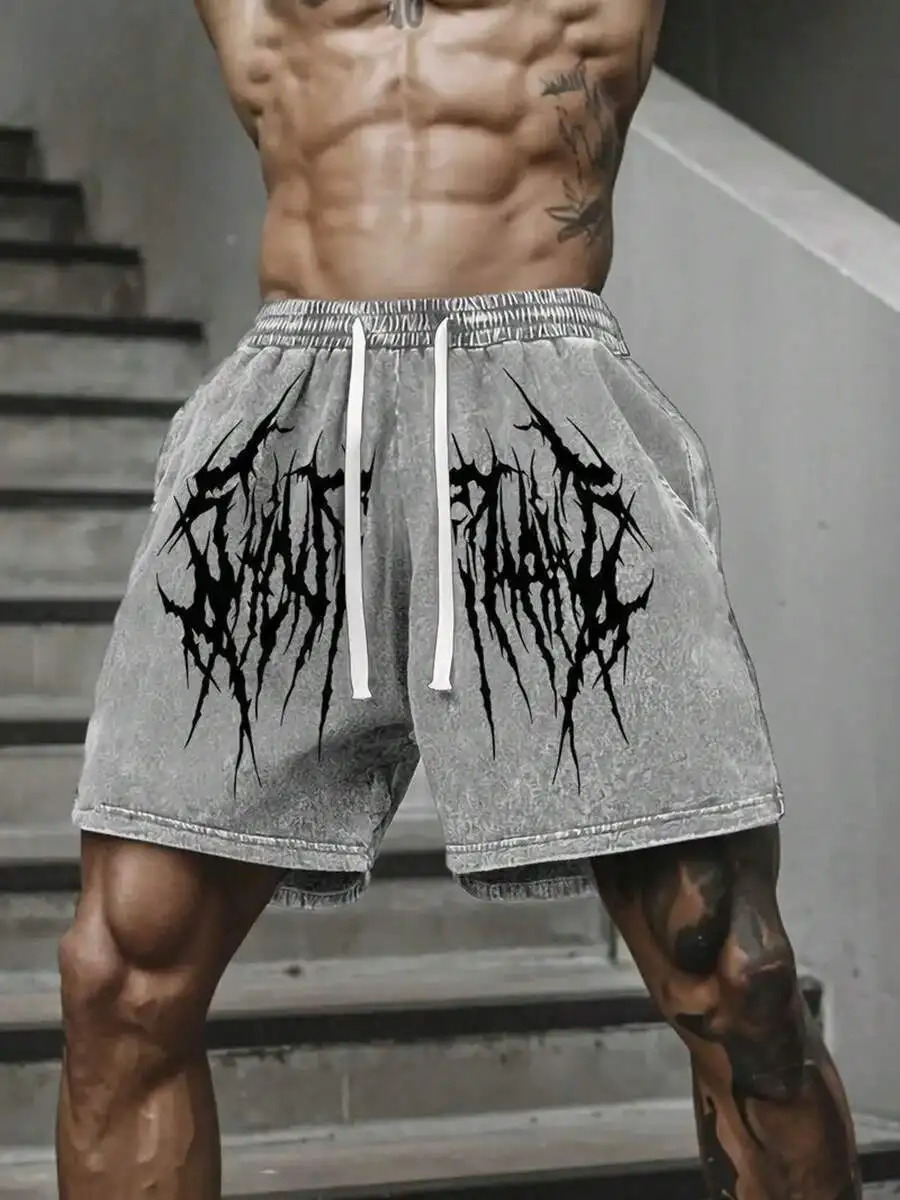 

Mens 290G Cotton Washed Oversized Shorts With Retro Graphic Print, Loose Fit Elastic Waist, Breathable For Gym And Casual