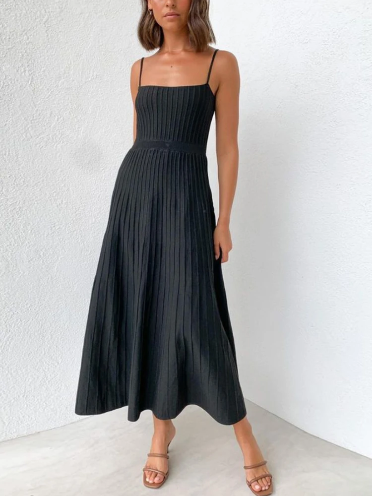 Knitted Solid Long Dress Women Sexy Sleeveless Spaghetti Strap High Waist Dress Party Evening Dresses Elegant Female Spring 2024