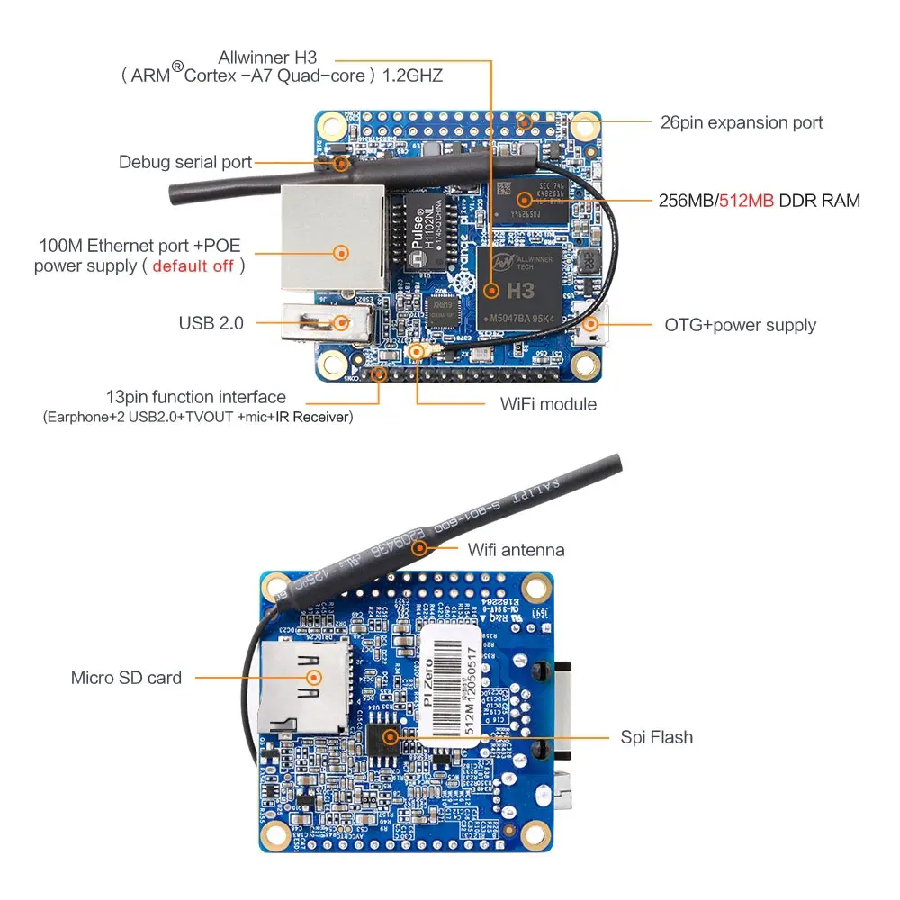 Orange Pi Zero LTS 512MB RAM Allwinner H3 SoC fuente abierta Mini PC Tablet funda opcional disipador térmico para OPI Zero LTS