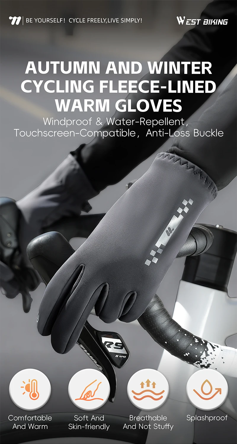 WEST BIKING Winter-Fahrradhandschuhe, Fleece-gefüttert, Touchscreen-fähig, rutschfest, winddicht, für Straßen- und Mountainbikes, für Männer und Frauen, warme Griffhandschuhe – Detail 1