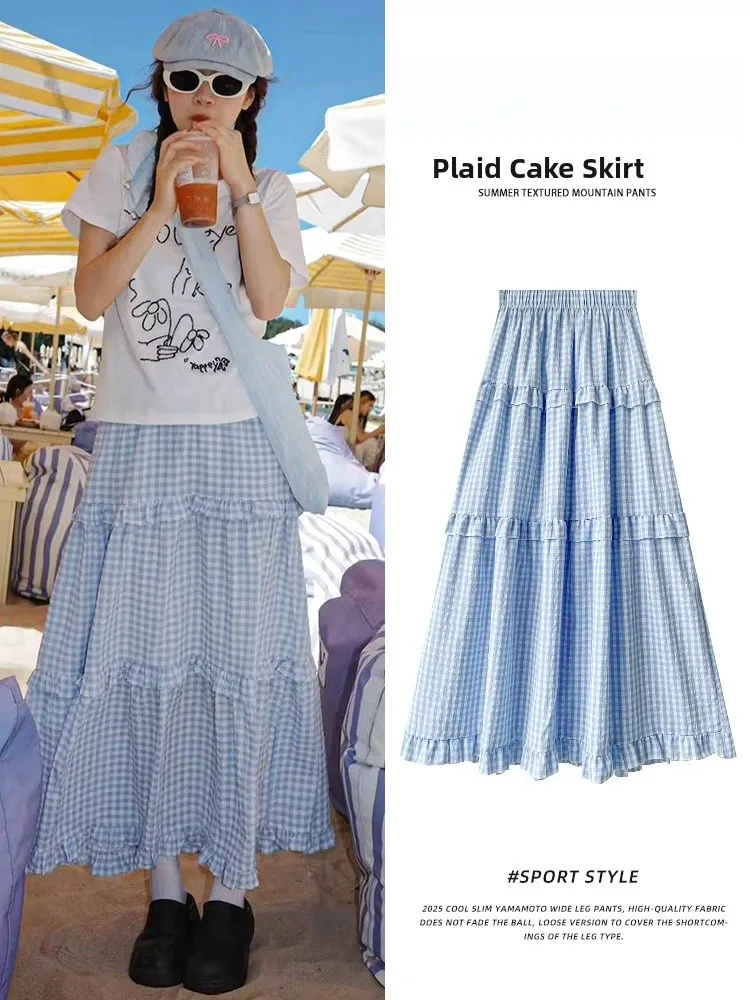 

Blue Sweet Gentle Plaid Skirt Women's A-Line Slimming High Waist Skirt Casual Sle Inner Lined Ci Commute Suitable