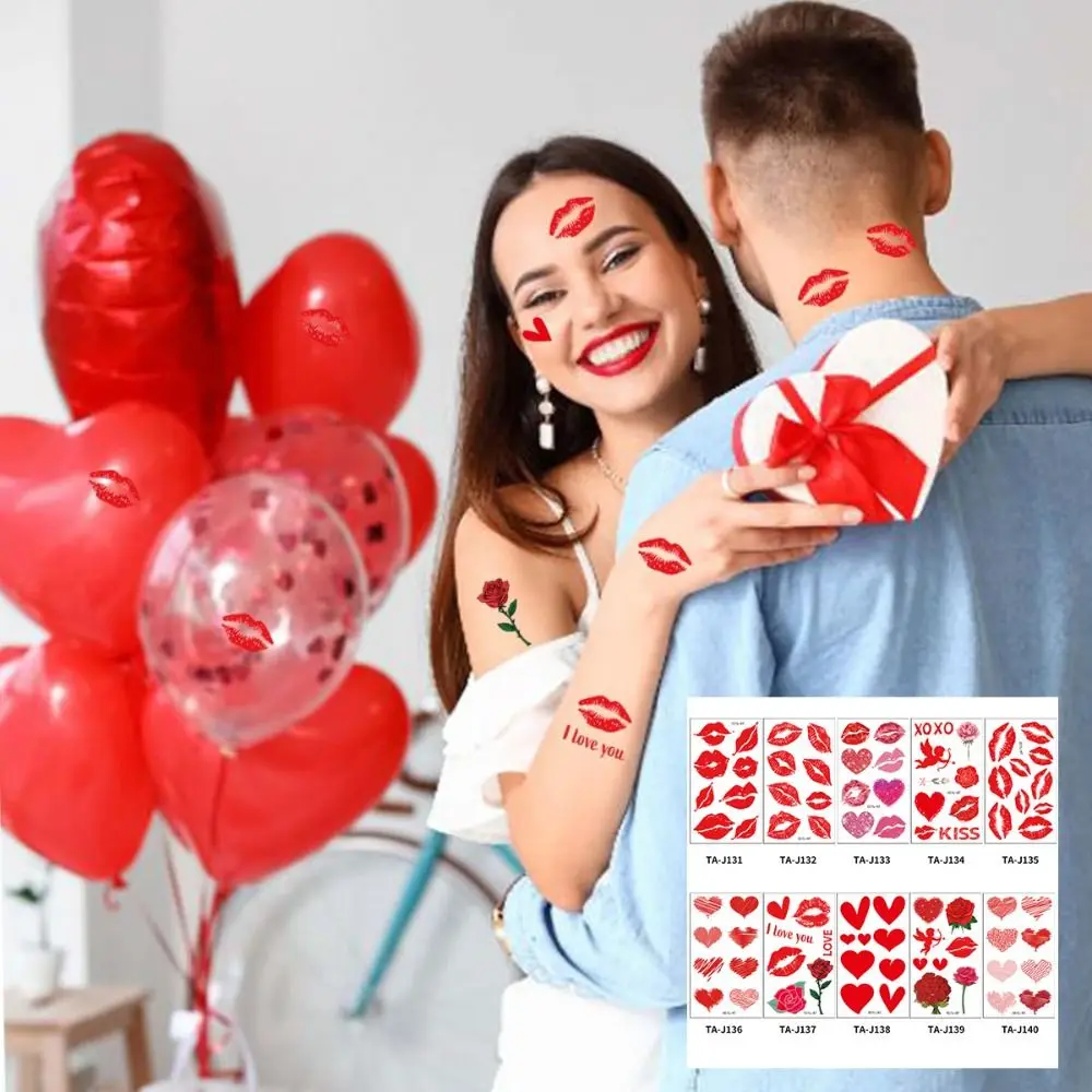 10PCS Valentine's Day Temporary Tattoo Stickers Red Love Rose Lips Kiss Heart Fake Tattoo Decals Themed Decorations Supplies