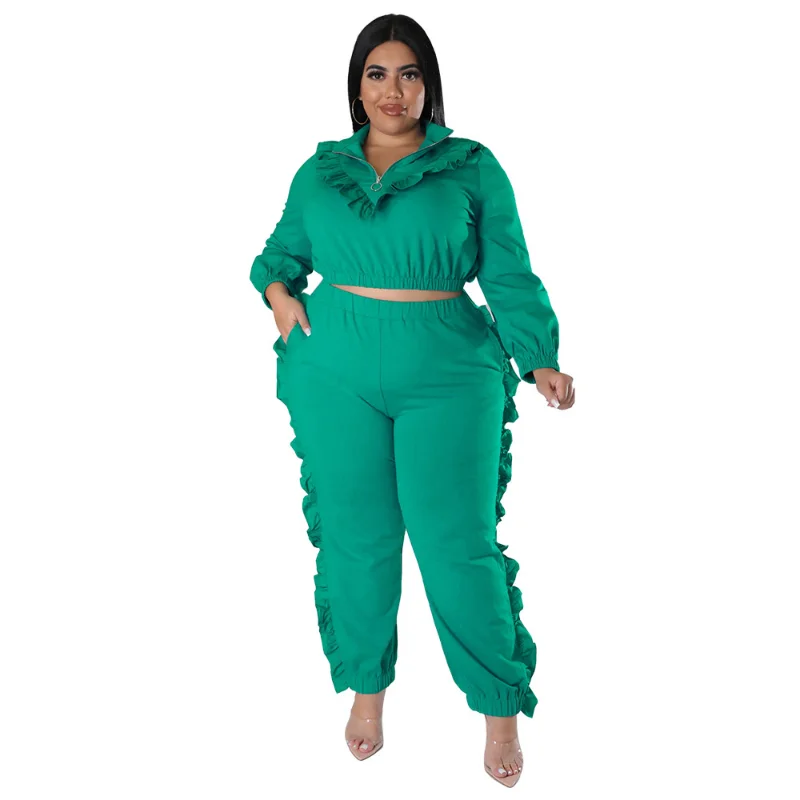 WSFEC L-4XL Plus Size Women Clothing Two Piece Sets Women Outfits 2022 Winter Fall Long Sleeve Ruffles Pant Suits Dropshipping