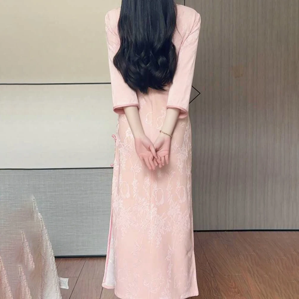 Spring Autumn Casual Jacquard Dress Women's Elegant Retro Cheongsam 2026 New High-End Slim Modified Guofeng Cheongsam Dresses