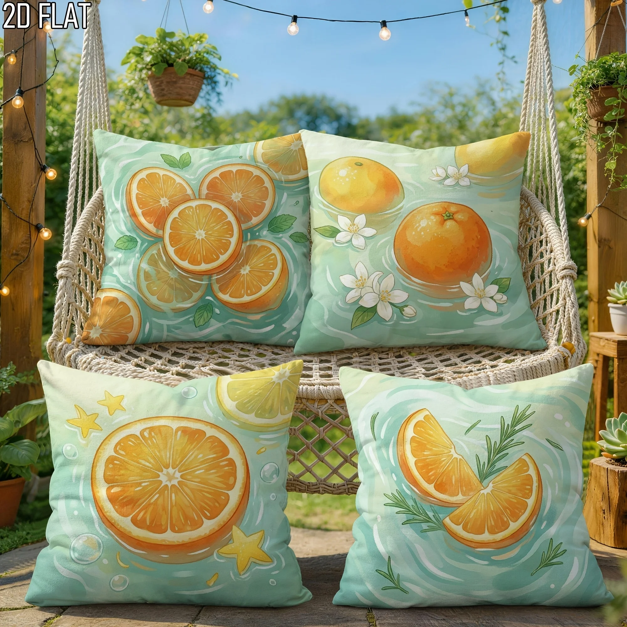 Set of 4 Decorative Throw Pillow Covers with Bright Citrus Fruit and Floral Design for Patio or Sofa