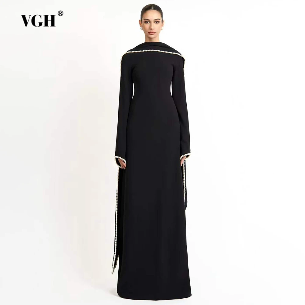 

VGH Solid Slimming Temperament Dresses For Women Round Neck Long Sleeve High Waist Autumn Elegant Dinner Dress Female Fashion