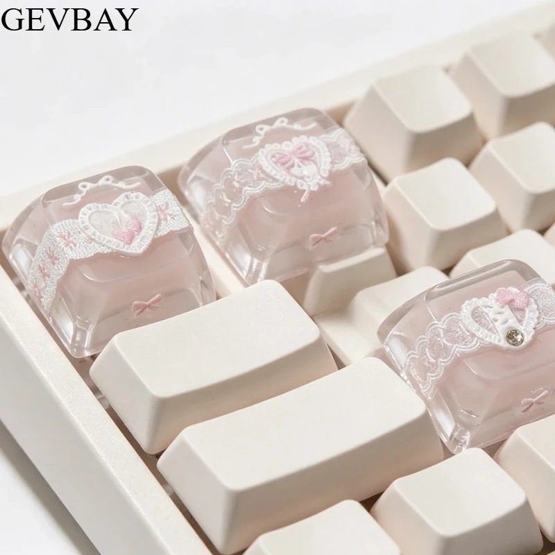 4PCS Korean Pink Lace Heart Bow Resin Keycaps ESC Arrow Keys For Cherry MX Mechanical Keyboard