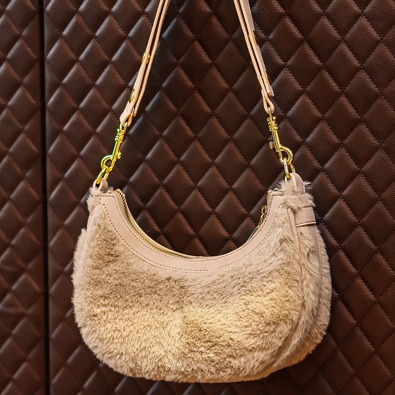 Fashion Real Rabbit Fur Half Moon Bags For Women Luxury Designer Handbags And Purses 2025 New In Button Small Underarm Shoulder