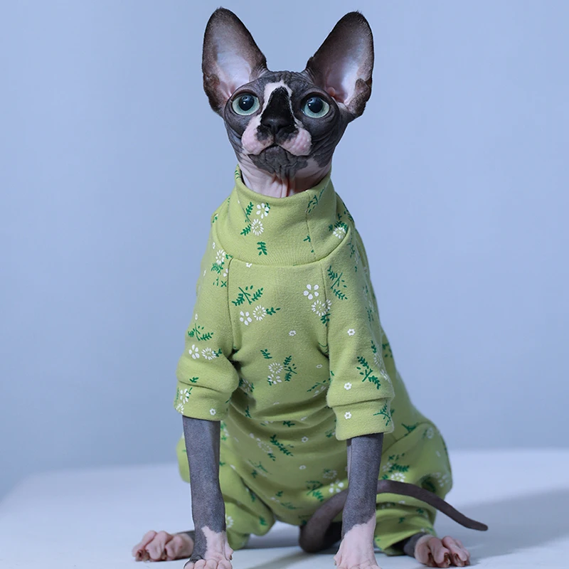 Green Floral Long Sleeves Cotton 4-legged Coat for Sphynx Cat Soft Cartoon Shirt for Kittens Pajamas for Female Cat Pet Supplies