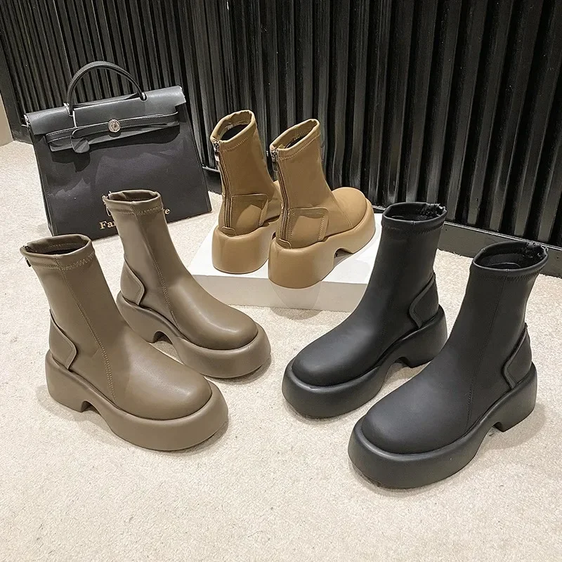 2023 Autumn Winter New Women Platform Ankle Boots Thick Sole Slip on Sock Boots Woman Elegant Chunky Chelsea Boots Women