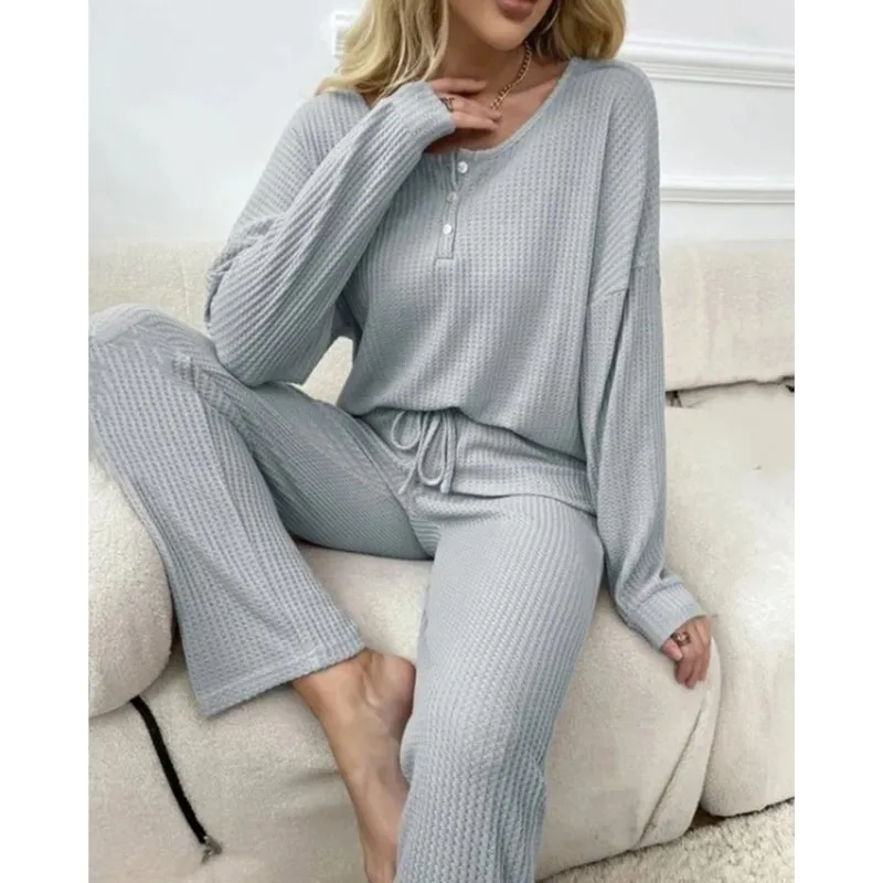 Casual Fashion Solid Color Women's Shorts Two Piece Set Home Clothes Waffle Long Sleeve Top Long Pants Set Women's New Item 2025