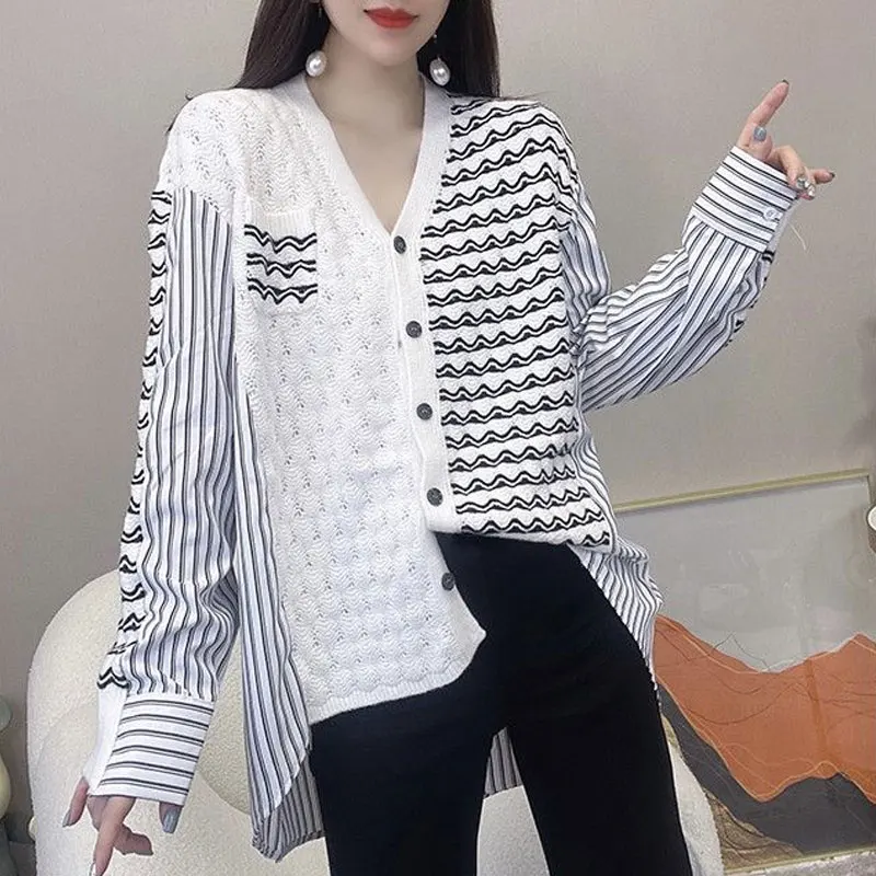 Female Streetwear Single-breasted V-Neck Cardigan Stylish Knitted Patchwork Striped Korean Loose Wave Cut Pockets Sweaters 2023