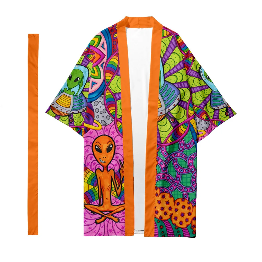 Men's Japanese Long Kimono Cardigan Men's Samurai Clothing Kimono Psychedelic Pattern Kimono Shirt Yukata Jacket 4