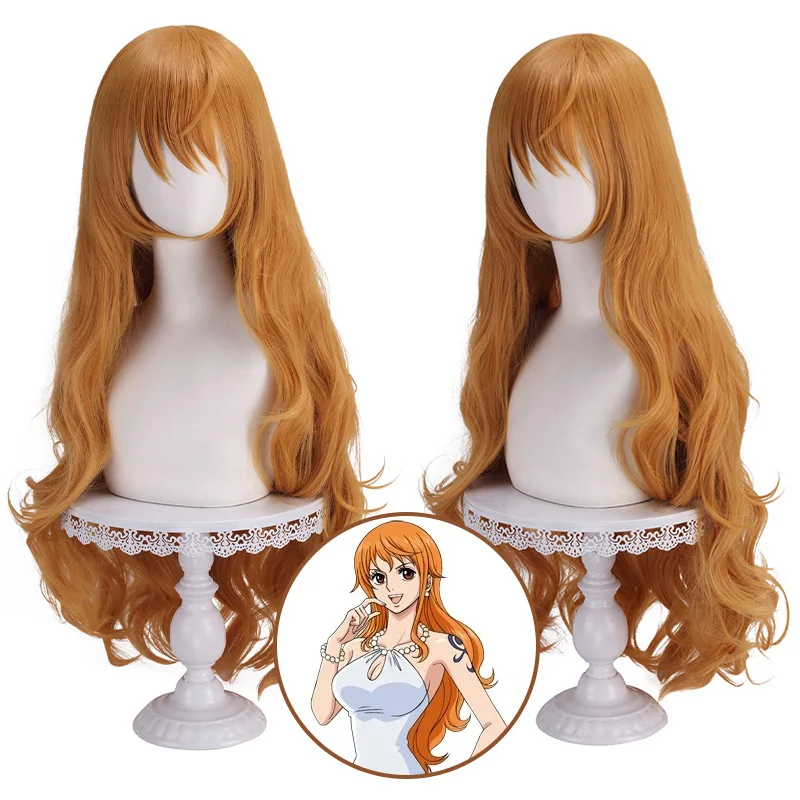Japanische Anime Frauen Nami Cosplay Perücke Nami Orange langes gewelltes Haar Party Rollenspiel orange Haarkostüme