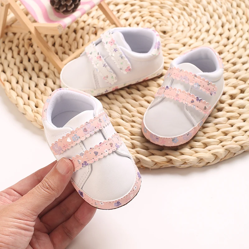 Cute Flower Decor Baby Sneakers Soft Anti‑slip Sole Toddler First Walker Shoes Double Magic Tape Breathable Cute Infant Crib