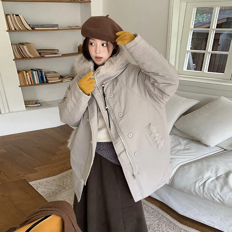 PinkyIsBlack Mid-length Cotton Padded Jacket Women 2025 Winter New Korean Style Loose Big Fur Collar Puffer Jacket Coat Outwear