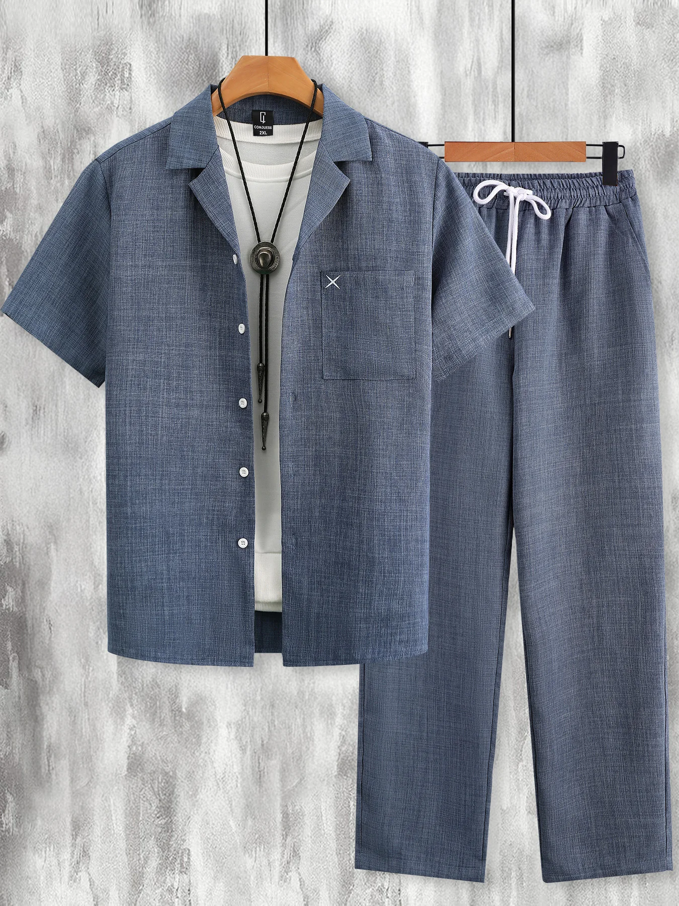 

Big & Tall Men's American Casual Set, Pocket Embroidery Shirt & Straight Leg Pants, Loose Fit for Curvy Guys