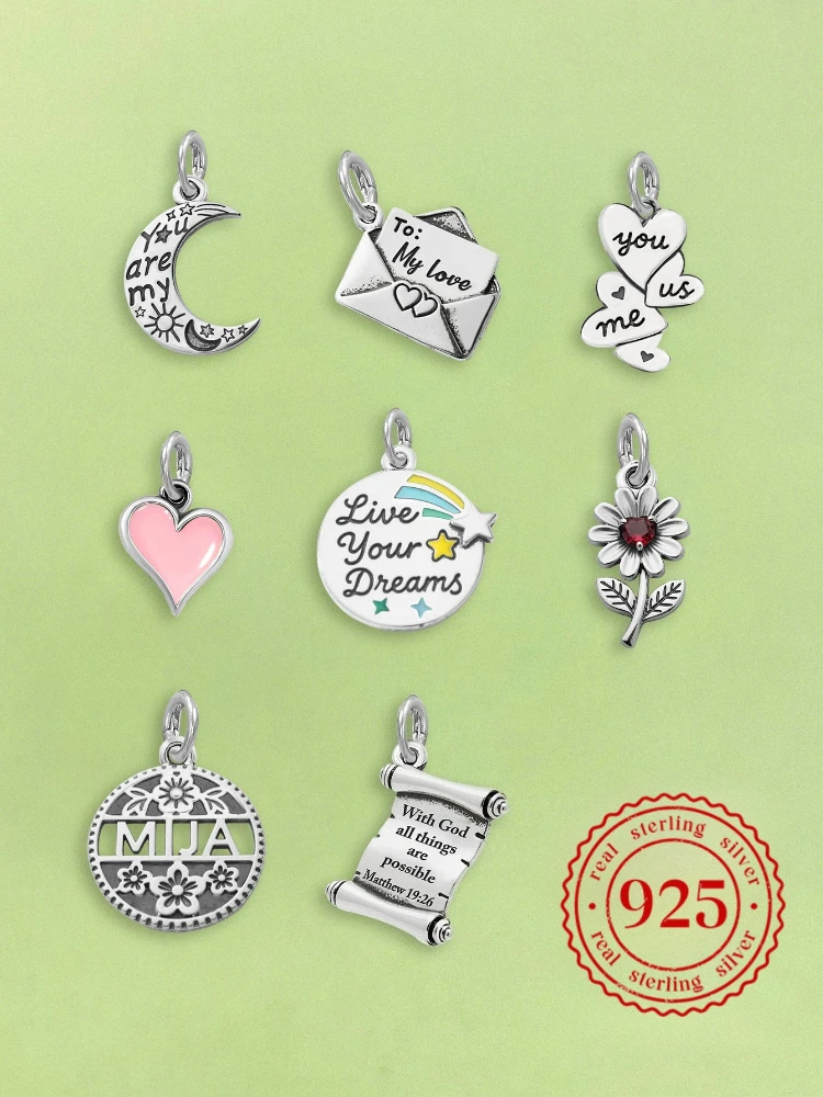 Adjustable 925 Sterling Silver Vintage Pendants Love Letter Daisy Scroll Charms Beads Fit Original Bracelet Necklace DIY Jewelry