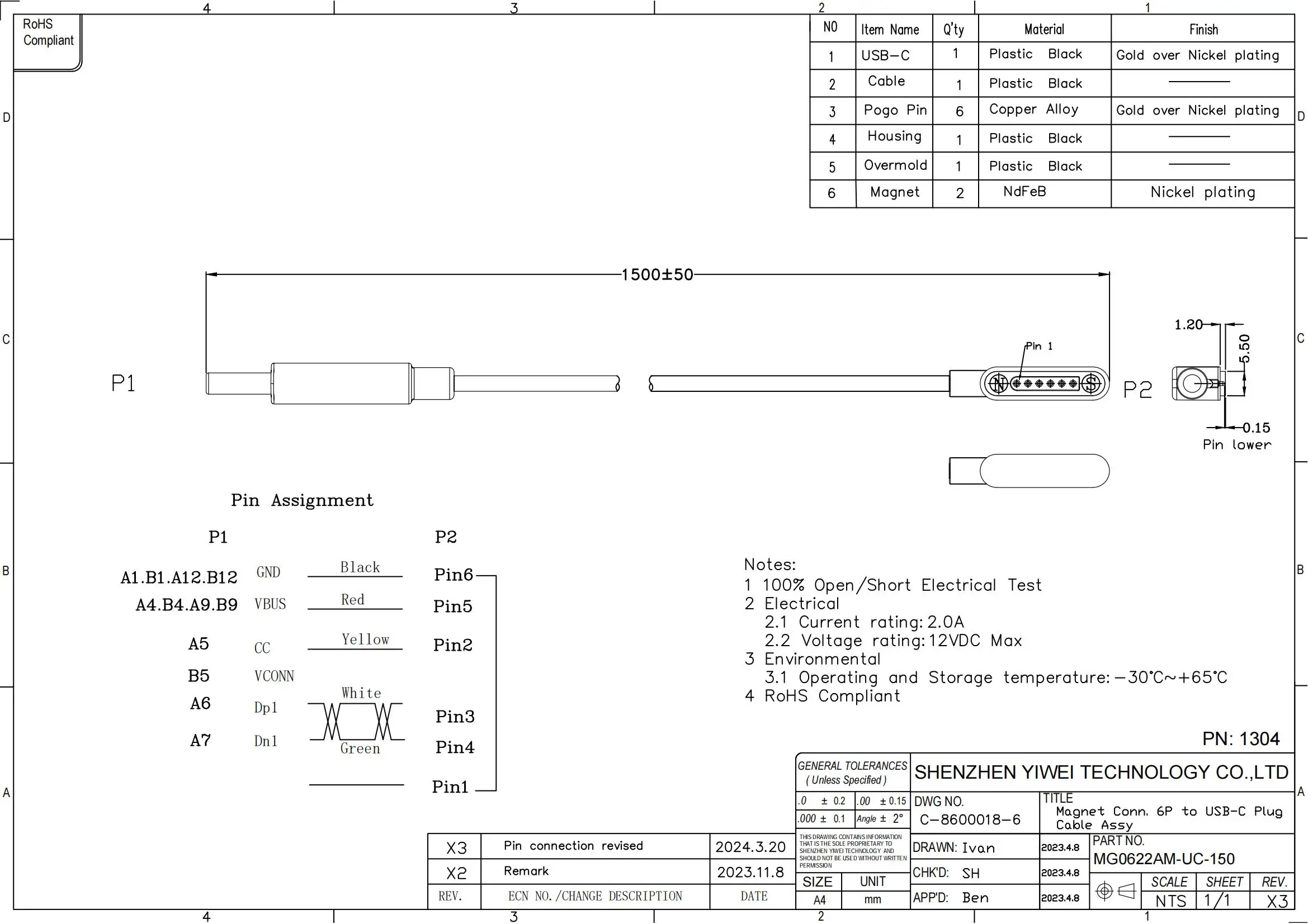 1 Paar Magnet-Pogo-Pin-Stecker 2 3 4 6 Pin 2A wasserdichtes Pogopin-Stecker-Buchse 2,54 mm USB Typ C federbelastetes DC-Stromkabel – Detail 9