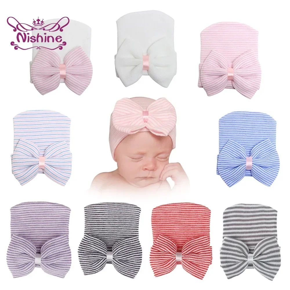 Gorro con lazo a rayas para recién nacido, gorro de punto con lazo grande, gorro para niño pequeño, accesorios para el cabello, 1 piezas