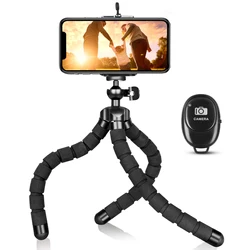 Phone Tripod Mini Flexible Adjustable Cell Phone Tripod Stand Holder with Remote and Universal Clip for iPhone Android Camera