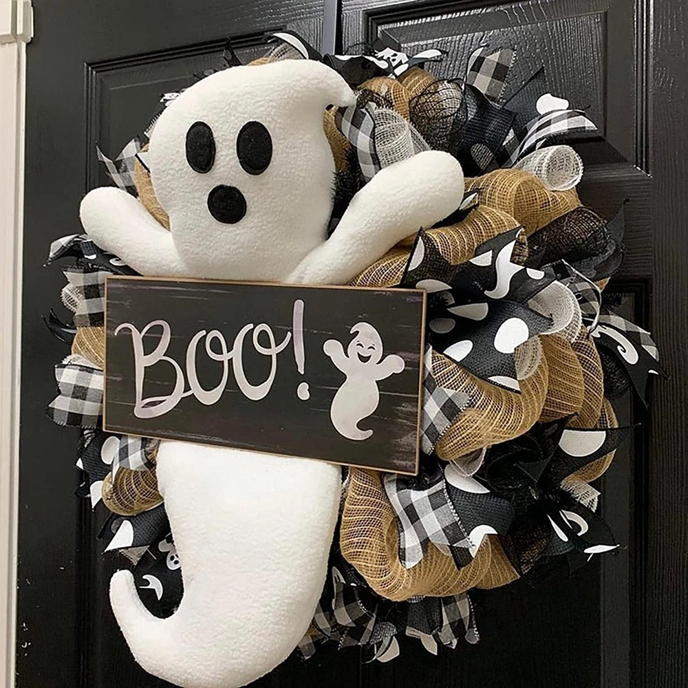 Halloween Ghost Wreath Festive Hanging Decoration Featuring a Plush Ghost and a 'Boo!' Sign, Perfect for Indoor or Outdoor Use