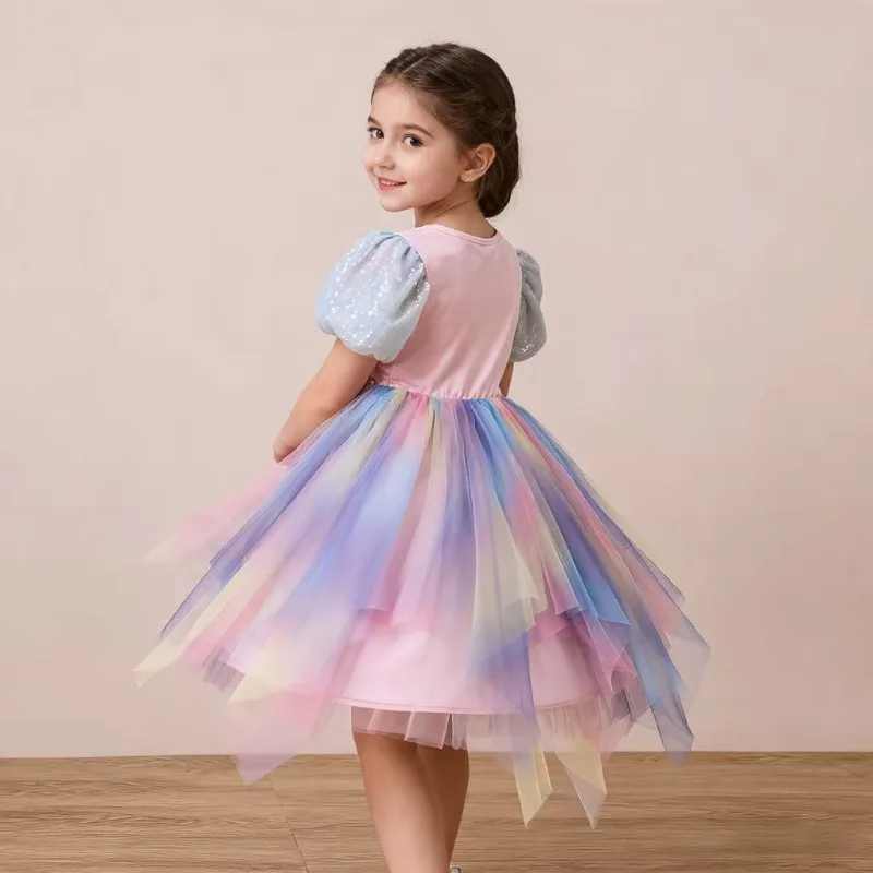 Fotografia 4: Vestido de Algodão Puro para Meninas, Saia de Unicórnio com Barra Larga, Vestido de Princesa Sereia com Mangas Bufantes (versão sem mangas)