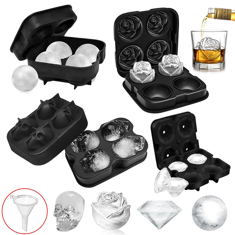 4-Grid Silicone Ice Mold Smooth Mold Release Ice Cube Tray Skull Rose Diamond Shape Die with Water Injection Funnel for Whiskey