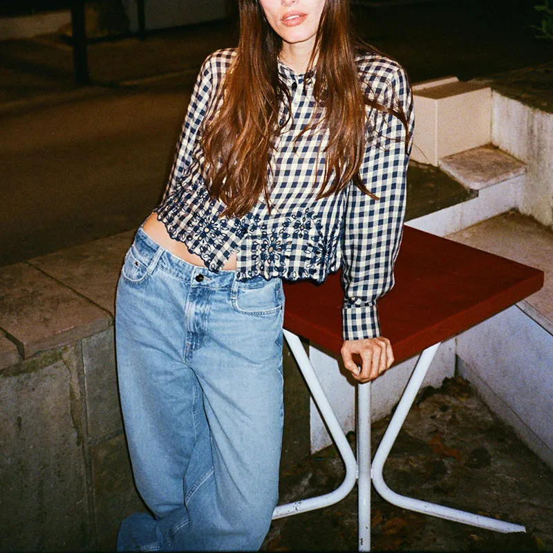 Spring New Arrival Women's Long Sve irt Embroidered Plaid Stand Collar Street Sle Regular Thin Chinese Made