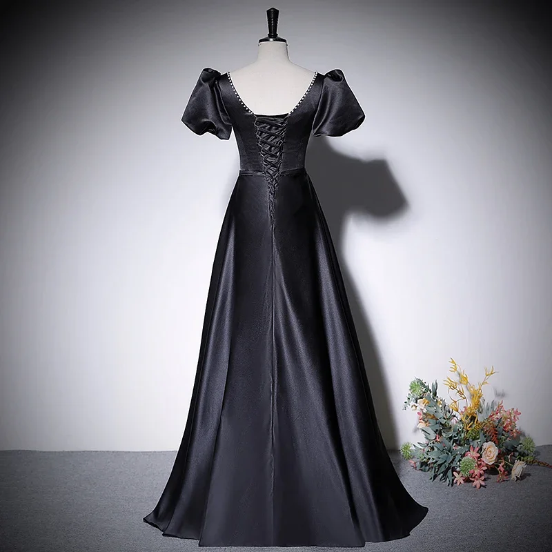 Customized Evening Dress Black Satin Beads V-Neck Short Sleeves Floor Length Lace Up A-Line Plus Size Women party Formal Gowns