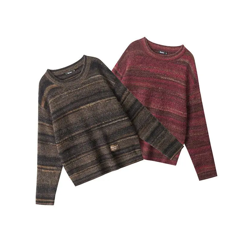 HeyHenry レディース オーバーサイズ ラウンドネック ニットウェア Vネック セーター カジュアル ストライプ アウター 快適 ルーズフィット カップル向け