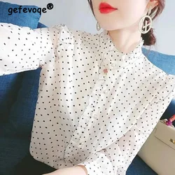 Fashion Korean Elegant Chic Sweet Ruffle Dot Print Blouse Shirts Women Autumn Casual Stand Collar Long Sleeve Office Ladies Tops