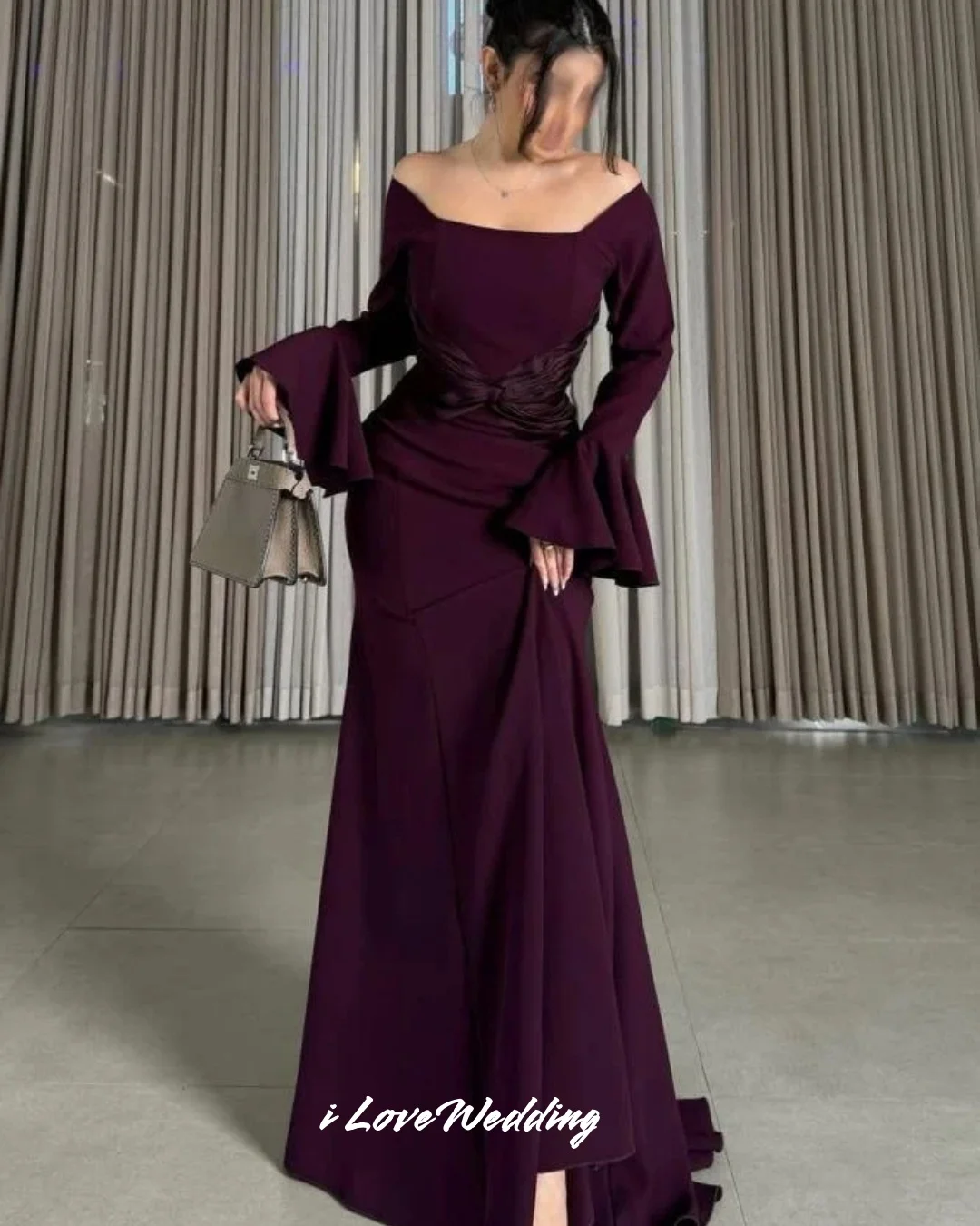 

Purple Off Shoulder Prom Dresses 2025 Satin Long Sleeve Mermaid Criss-cross Sweep Train Elegant Pleated Floor Length Customized