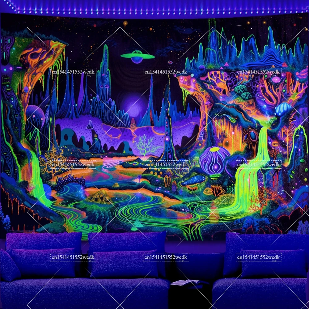 Blacklight Mushroom Tapestry UV Reactive Spooky Alien Waterfall Glow In The Dark Tapestrys Aesthetic Room Decor Neon Backdrops
