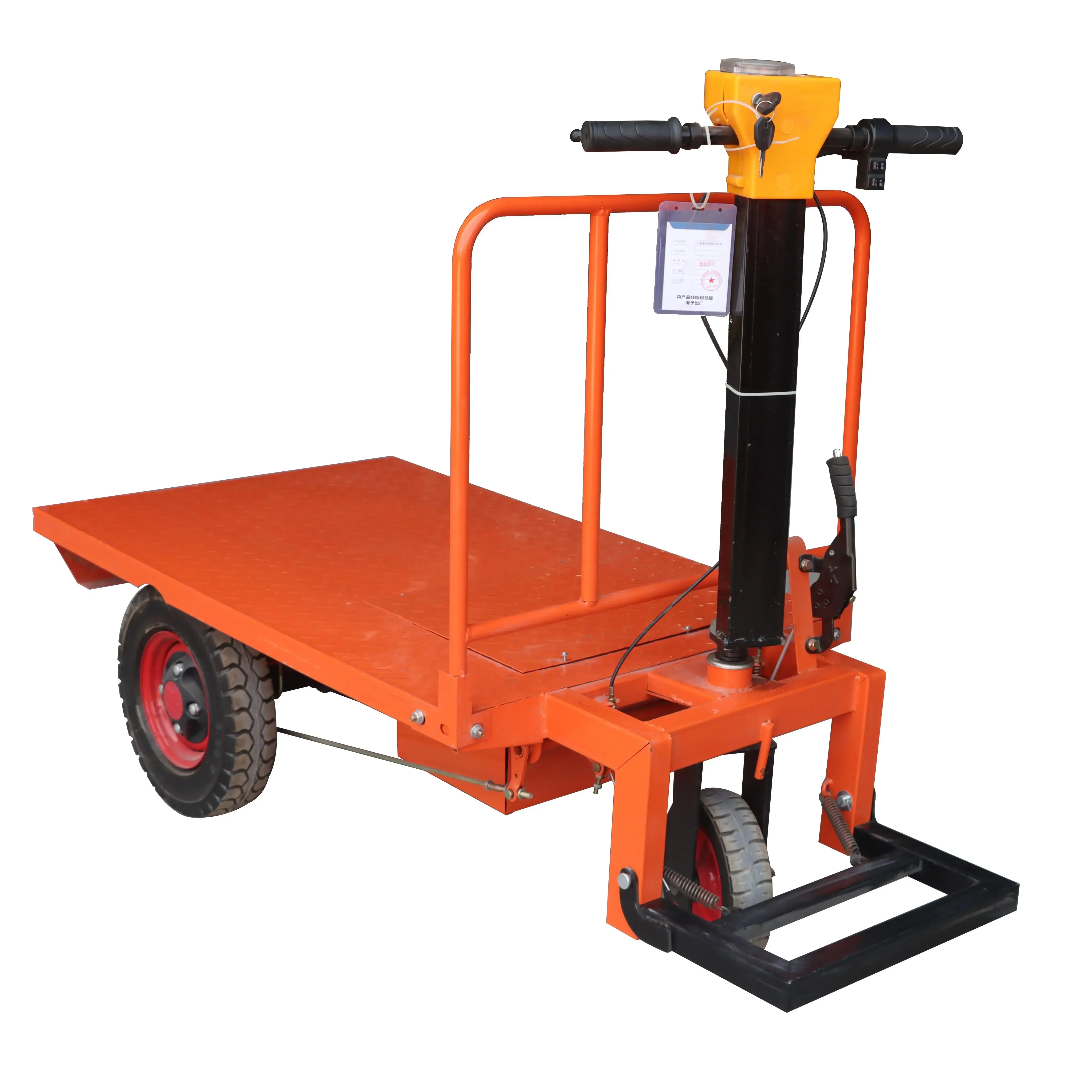 

Standing Hand Push Three Wheel Electric Flatbed Truck Electric Trolley Small Dumper for Cargo Warehouse Handling