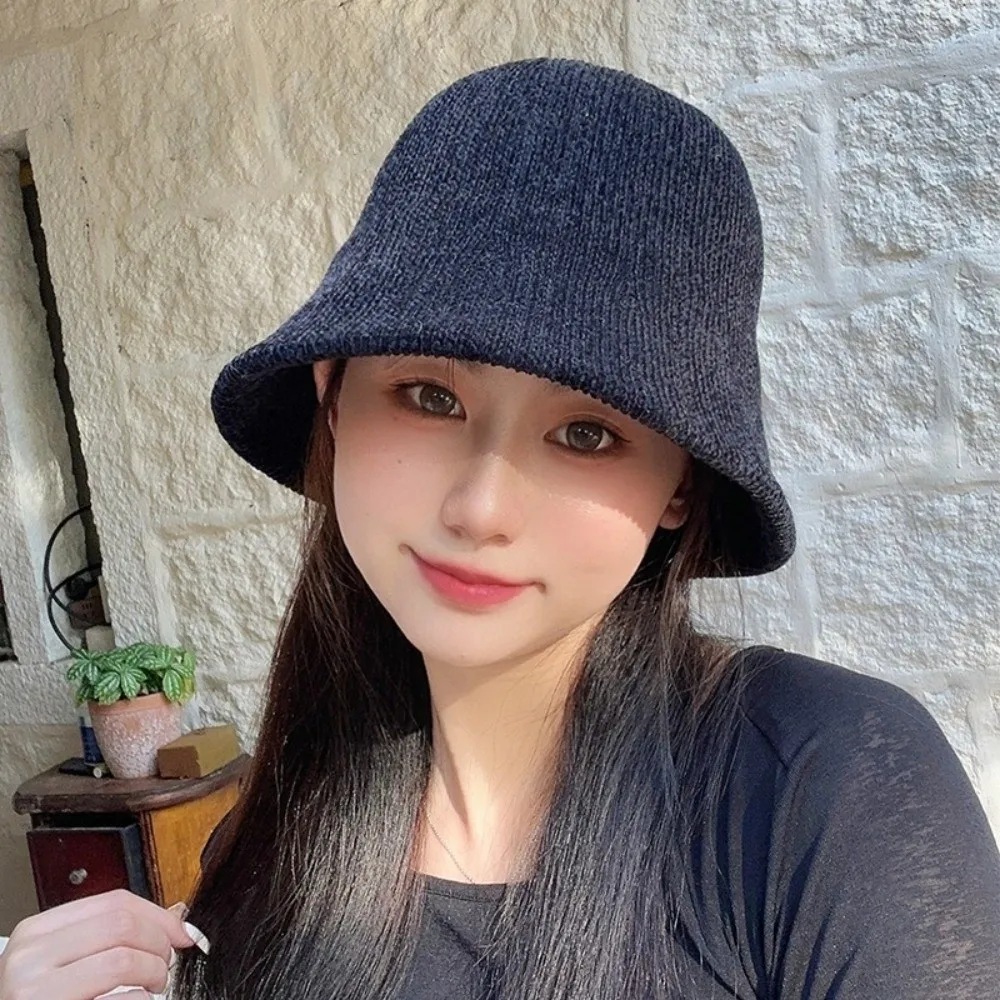 

Sweet Chenille Knitted Fisherman Hat British Style Solid Color Women Panama Cap Cold-proof Ear Warmer Bucket Hat Outdoor