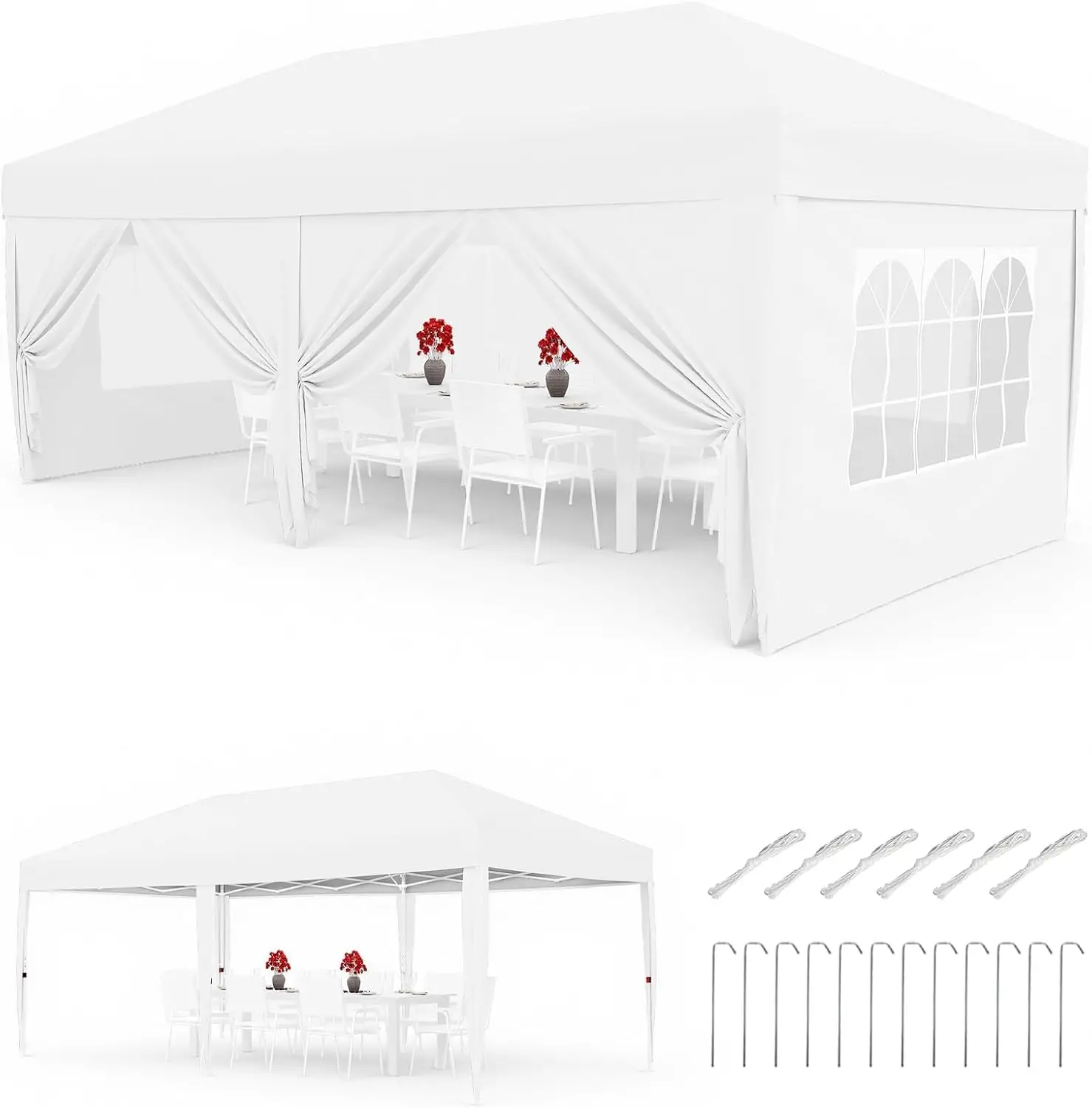 Robuster 3x3m Pop-Up-Pavillon mit 4 Seitenwänden – Wasserdichter UPF50+ Outdoor-Unterstand, Verstellbarer Stahlrahmen – Komplettes Zubehörset für Gartenpartys und Veranstaltungen, Weiß