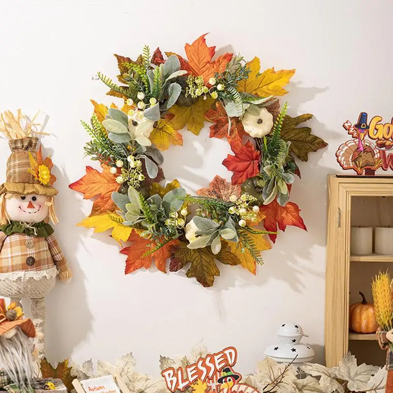 Thanksgiving Wreath White Pumpkin Wreath 17.72inch Fall Leaves Wreath Fall Wreath For Home Flower Wreath For Front Door Fall